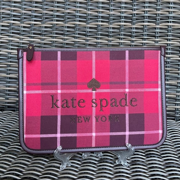 Kate Spade Ella Plaid Bright Rose Large Zip Pouch Clutch - Picture 16 of 16